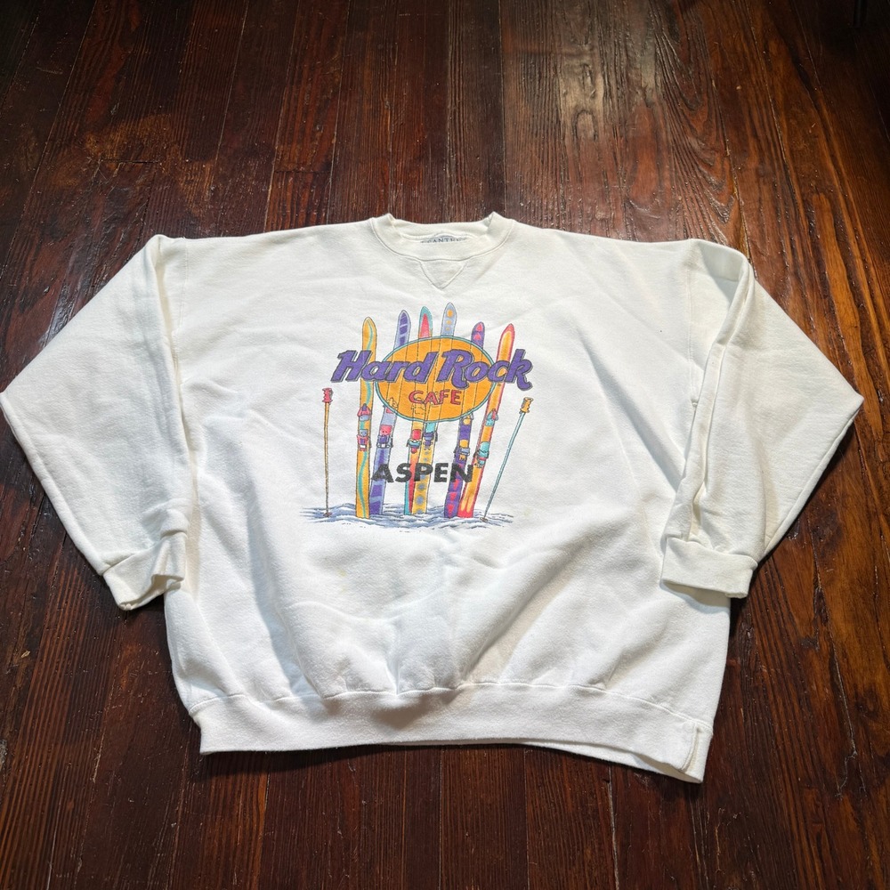 Vintage Hard Rock Cafe Aspen Sweatshirt Mens XL White Ski Graphic Santee HVYWT
